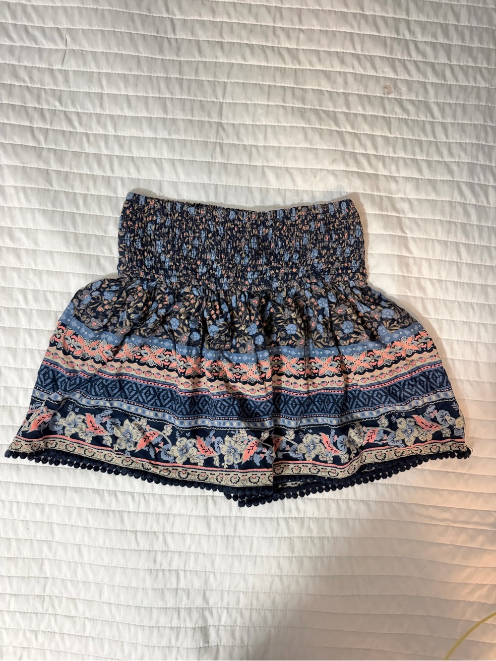 Hollister Navy and Pink Patterned Smocked Mini Skirt